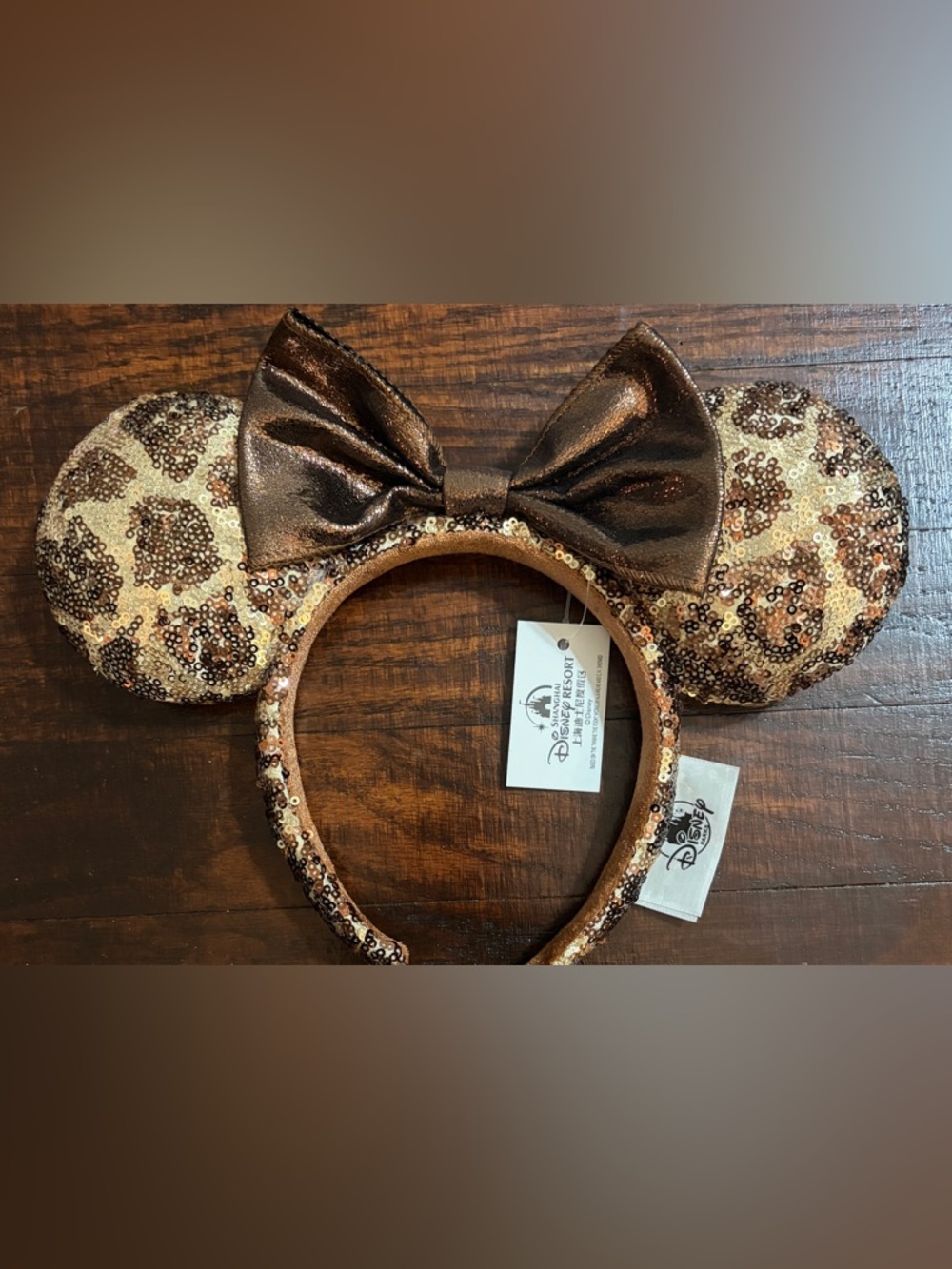 Sequin Leopard Themed Mouse Ears Headband With Bronze Bow - Picture 2 of 3